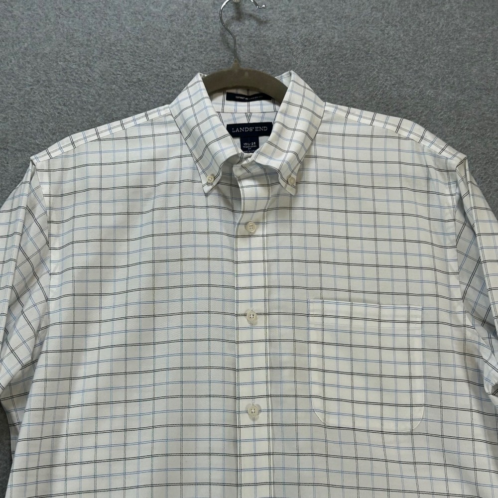 Lands' End Button Down Traditional Fit Mens 15.5 35 White Check Supima Preppy
